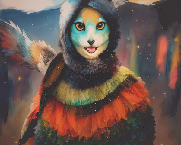 Whimsical Rabbit-Bird Creature with Colorful Cloak