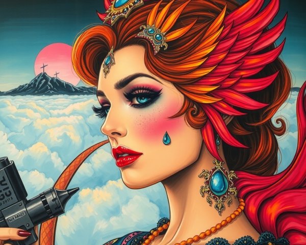 Vibrant Woman with Feathered Hair and Surreal Landscape