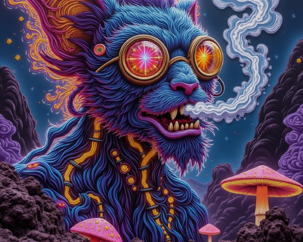 Surreal Artwork of Blue Creature in Dreamlike Landscape