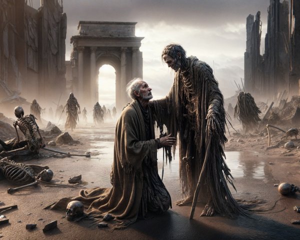 Skeletal Figures in a Ruined City Landscape
