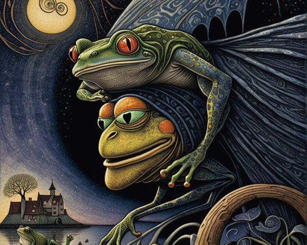 Colorful Whimsical Frogs Under a Moonlit Sky