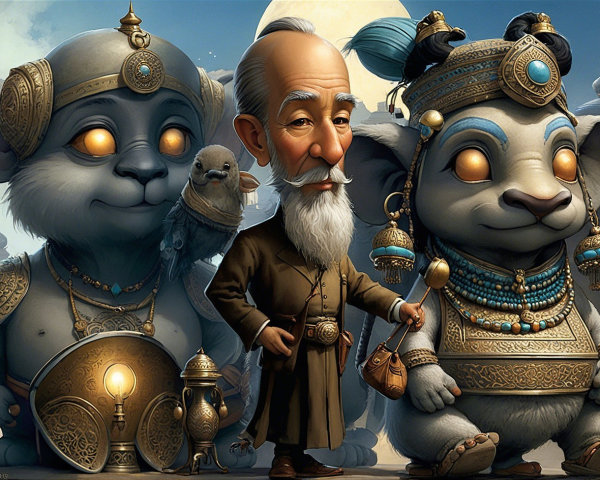 Whimsical Elderly Man with Elephant-like Creatures