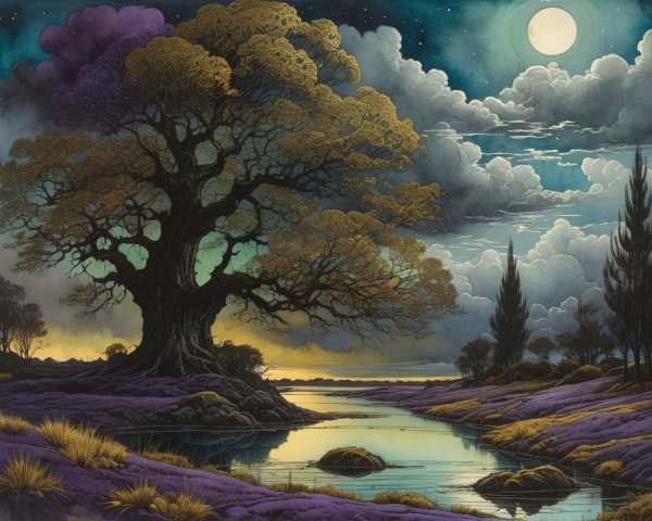 Mystical Landscape with Full Moon and Ancient Tree