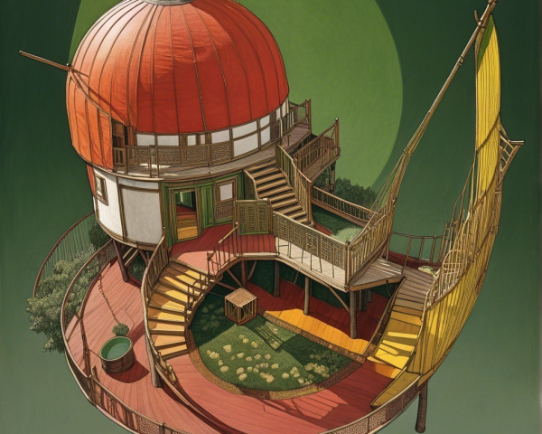 Whimsical Multi-Level Structure with Red Dome Roof