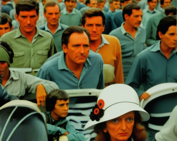 Crowd in Gray and Green Attire with Woman in White Hat