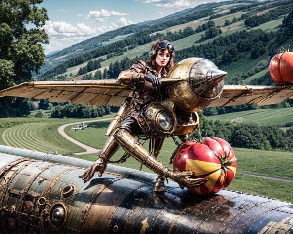 Steampunk Figure on Whimsical Aircraft with Tomatoes