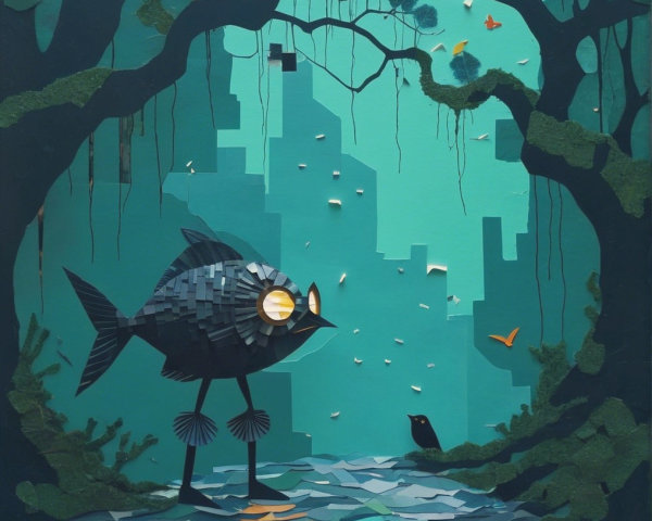 Whimsical Bird in Tranquil Greenery and Waterway Scene