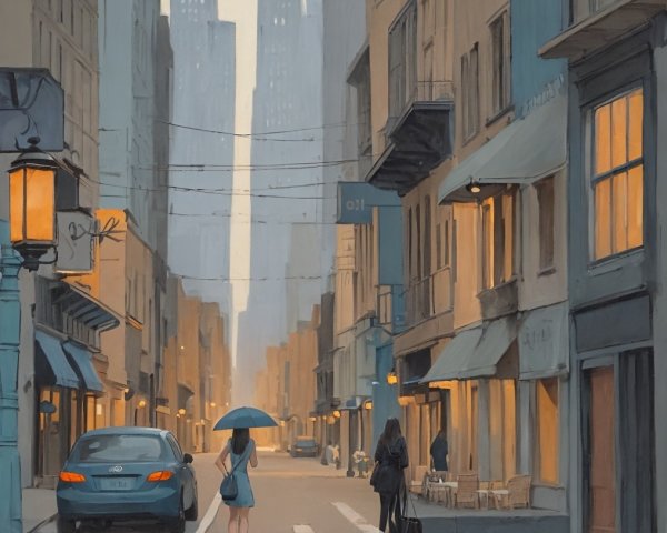 Twilight City Street with Umbrella and Café Scene