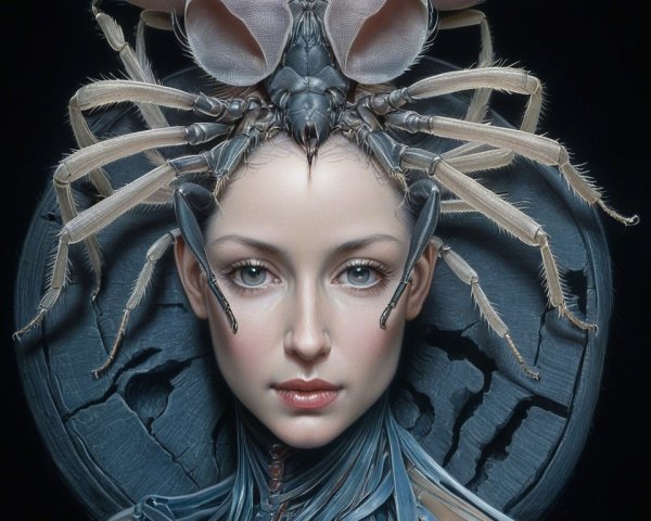 Surreal Portrait of Woman with Insect-Inspired Headdress