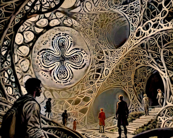 Figures in an intricate, surreal architectural space