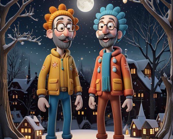 Cheerful Characters in a Snowy Winter Landscape
