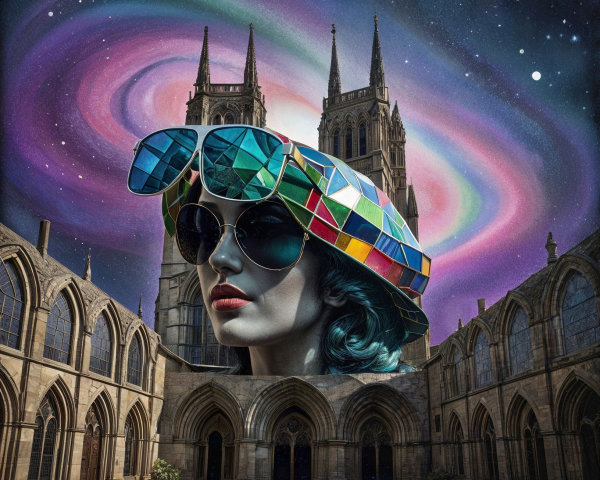 Surreal Composition with Giant Head and Cosmic Background