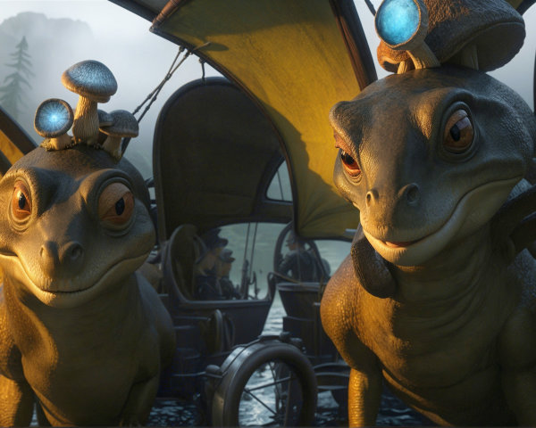 Humanoid frog-like creatures by a sailing ship