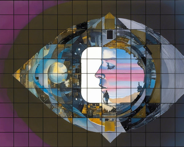 Abstract Eye with Woman's Profile and Dreamlike Landscape