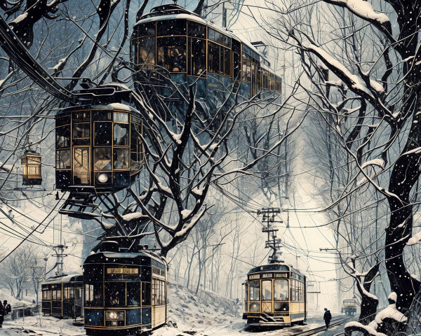 Vintage Trams in a Serene Snowy Winter Landscape