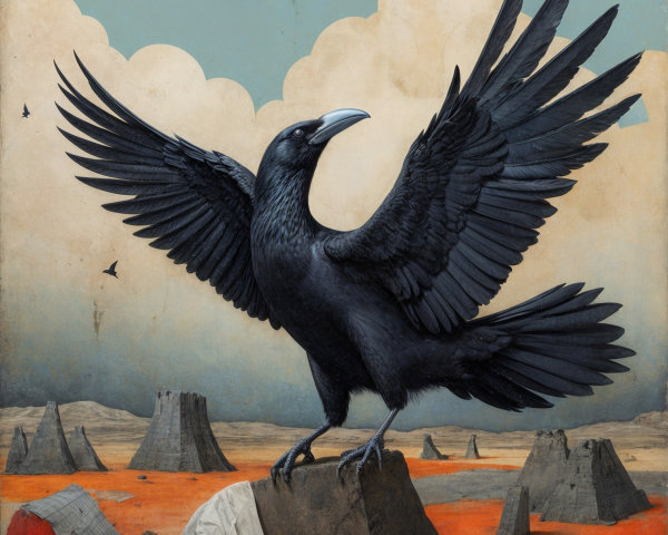 Black Raven on Rock with Blue Sky and Abstract Landscape