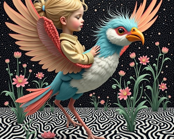 Whimsical Scene of Girl on Colorful Fantasy Bird