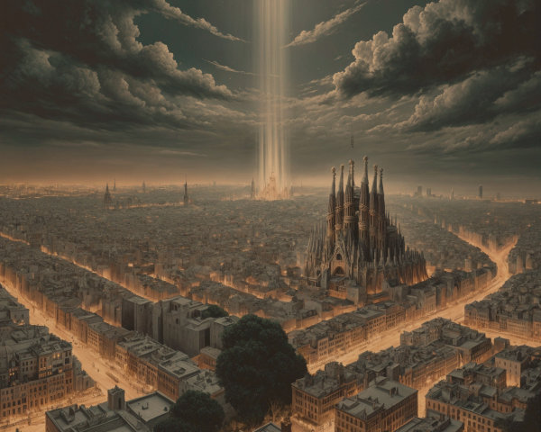 Cityscape at Dusk with Cathedral Silhouette
