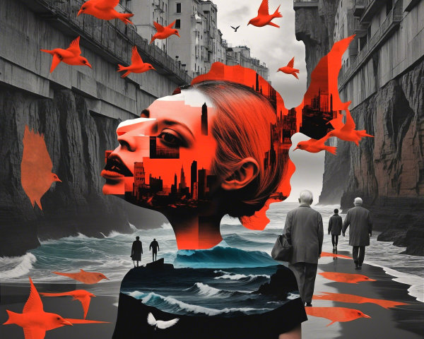 Surreal Blend of Woman, Cityscapes, and Ocean Waves