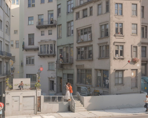 Charming Urban Scene with Pastel Buildings and Residents