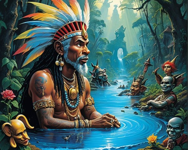 Majestic figure in vibrant jungle with mystical sculptures