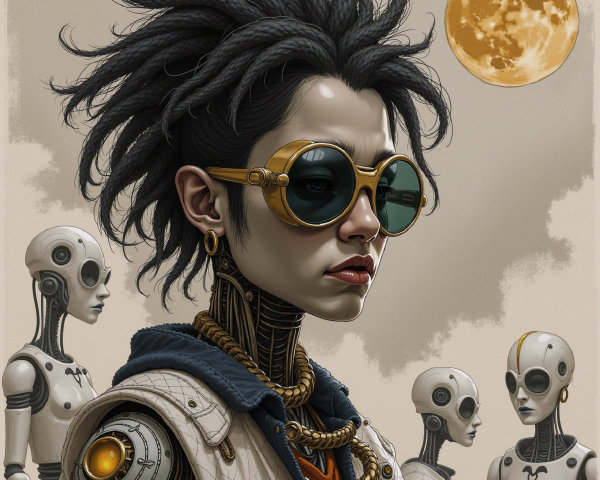 Futuristic Landscape with Cybernetic Figure and Robots