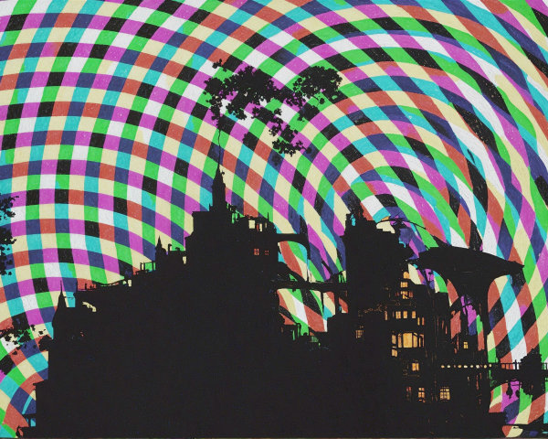 Silhouette of a Fantastical Building with Colorful Background