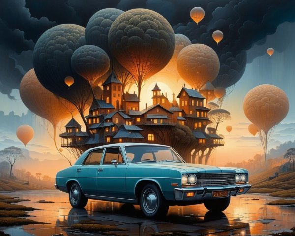 Vintage Blue Car Reflected in Puddle with Balloons
