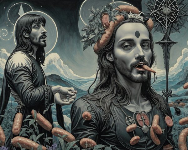 Surreal Artwork with Two Figures in Dreamlike Landscape