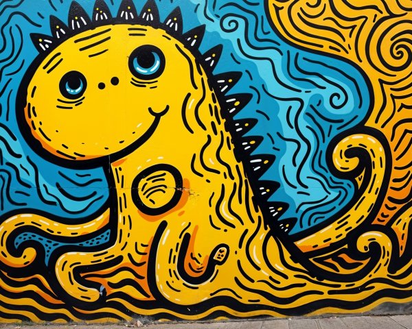 Vibrant Mural of Cheerful Yellow Creature with Patterns