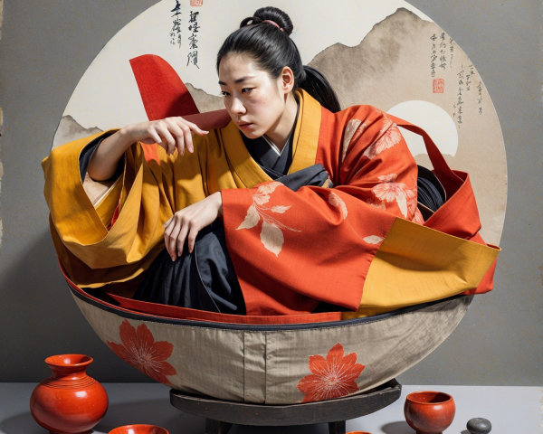Woman in Kimono Surrounded by Ceramics and Stones