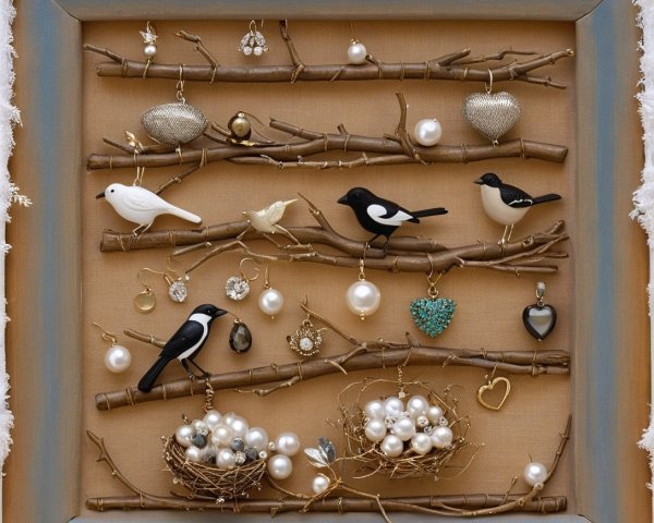Decorative Shadow Box with Twigs and Elegant Accessories