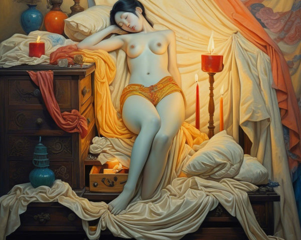 Serene Figure Reclining in Candlelit Setting