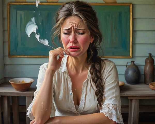Woman with distressed expression at a wooden table