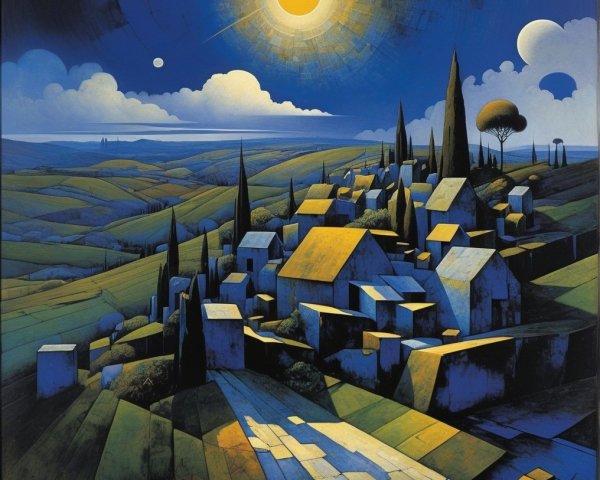 Surreal Landscape with Village and Geometric Structures