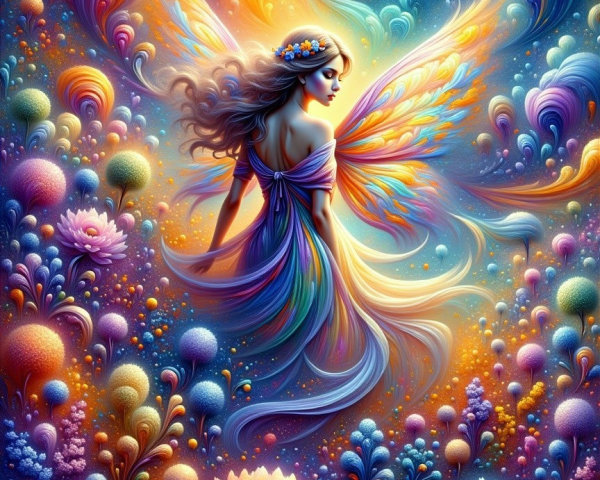 Enchanting Fairy in Colorful Floral Landscape