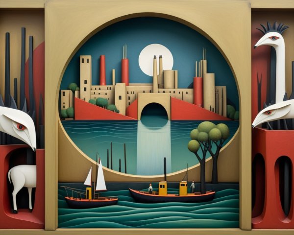 Vibrant Landscape with Water, Bridge, and Animals
