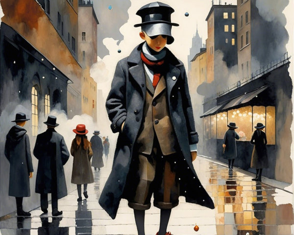 Young Boy in Dark Coat on Rain-Soaked Street