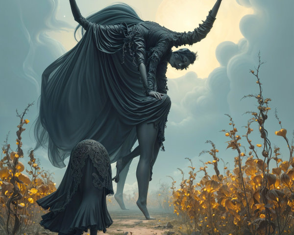 Surreal Landscape with Shadowy Figures and Moonlight