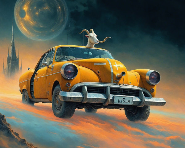 Surreal Landscape with Vintage Car and Goat