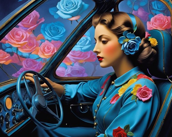 Elegant Woman in Vintage Car Surrounded by Roses