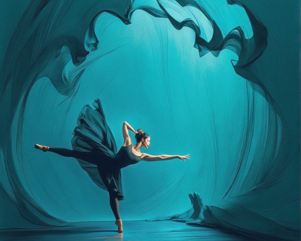 Elegant Dancer in Black Dress Against Turquoise Backdrop