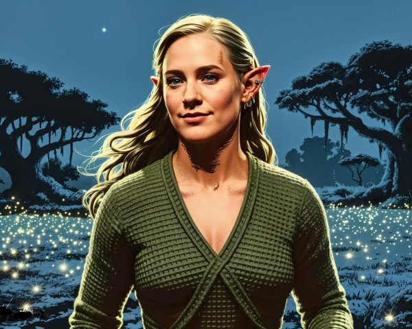 Serene elf in mystical landscape with starry night sky