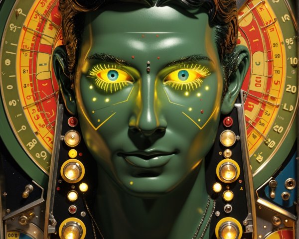 Futuristic humanoid face with green skin and yellow eyes