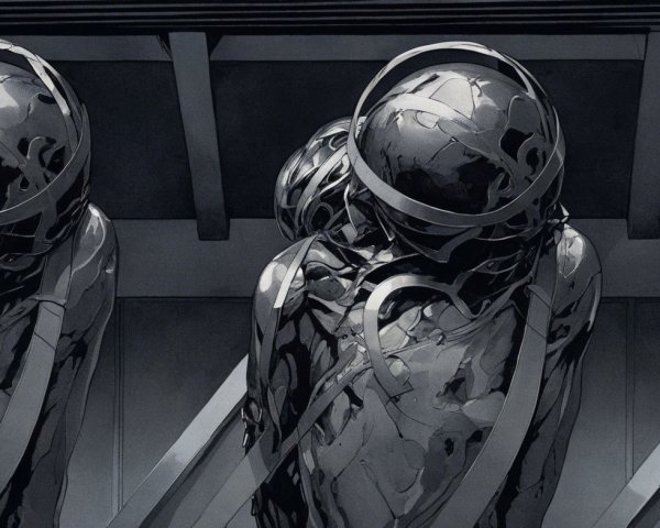 Futuristic humanoid figures with glossy surfaces and helmets