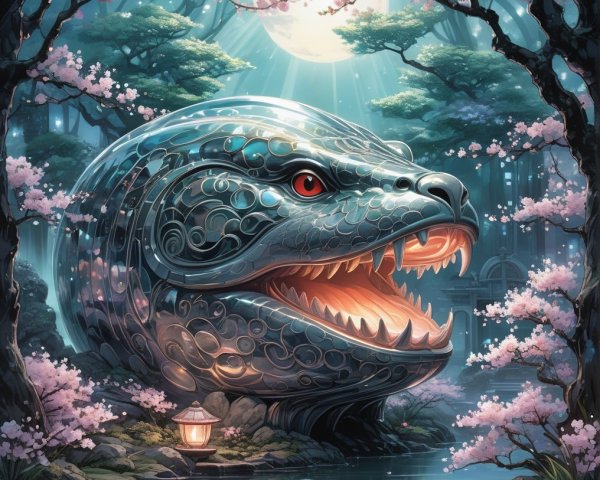Serpent Head in Moonlit Pond with Cherry Blossoms