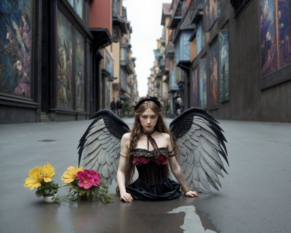 Surreal Scene of Woman with Wings Amid Colorful Flowers