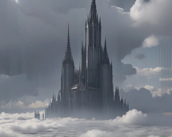 Gothic castle amidst clouds in a dreamlike landscape