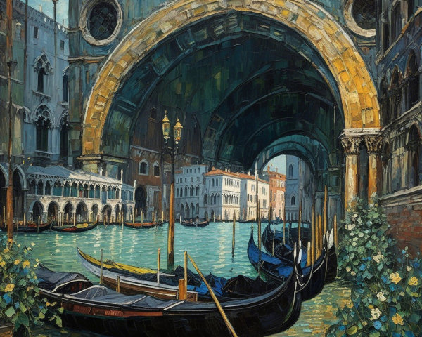Vibrant Canal Scene in Venice with Gondolas and Bridge