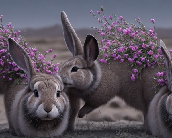 Rabbits with Pink Flowers in a Serene Landscape
